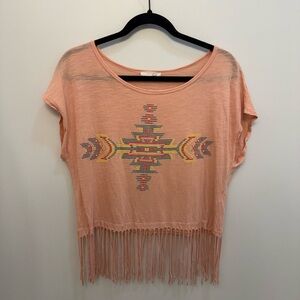 Lush Peach Aztec Fringe Crop Top